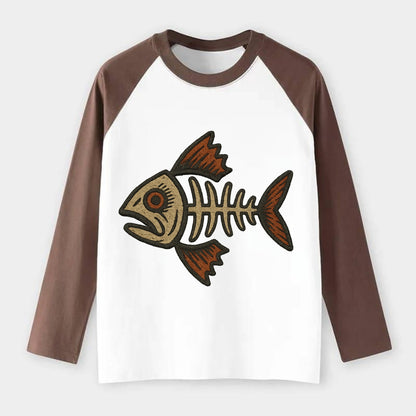 Fish Skeleton  - Raglan Long Sleeve T-Shirt - Coffee