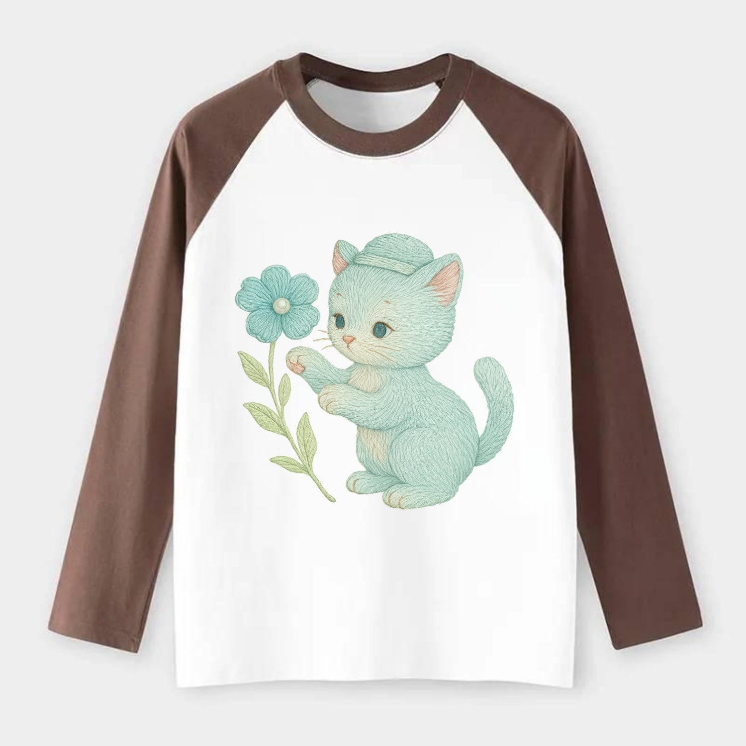Aqua Kitten - Raglan Long Sleeve T-Shirt - Coffee