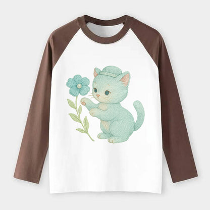 Aqua Kitten - Raglan Long Sleeve T-Shirt - Coffee