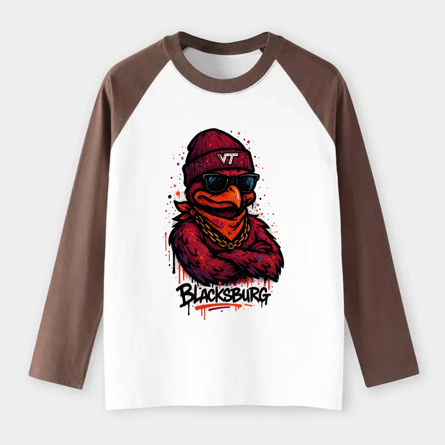 Blacksburg HokieBird wearing Virginia Tech beanie with VT patch - Raglan Long Sleeve T-Shirt - Coffee