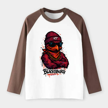 Blacksburg HokieBird wearing Virginia Tech beanie with VT patch - Raglan Long Sleeve T-Shirt - Coffee