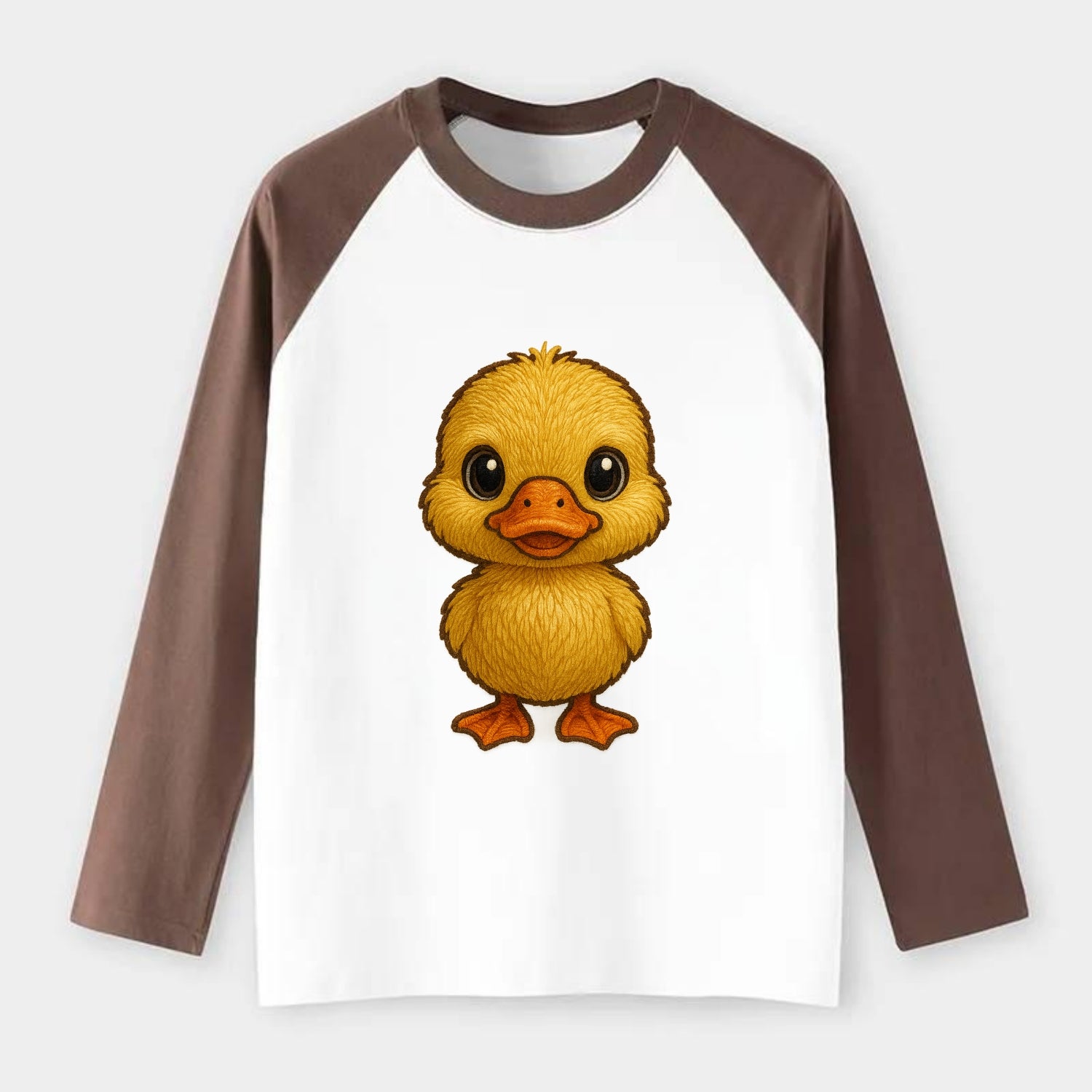 Baby Duck Duckling - yellow fluffy, orange beak, bright eyes, - Raglan Long Sleeve T-Shirt - Coffee