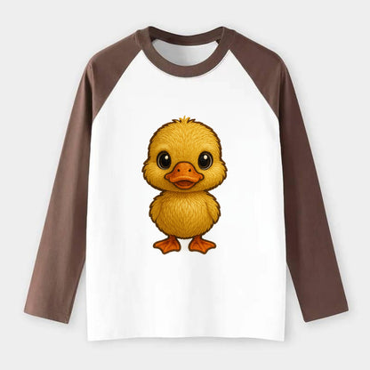 Baby Duck Duckling - yellow fluffy, orange beak, bright eyes, - Raglan Long Sleeve T-Shirt - Coffee