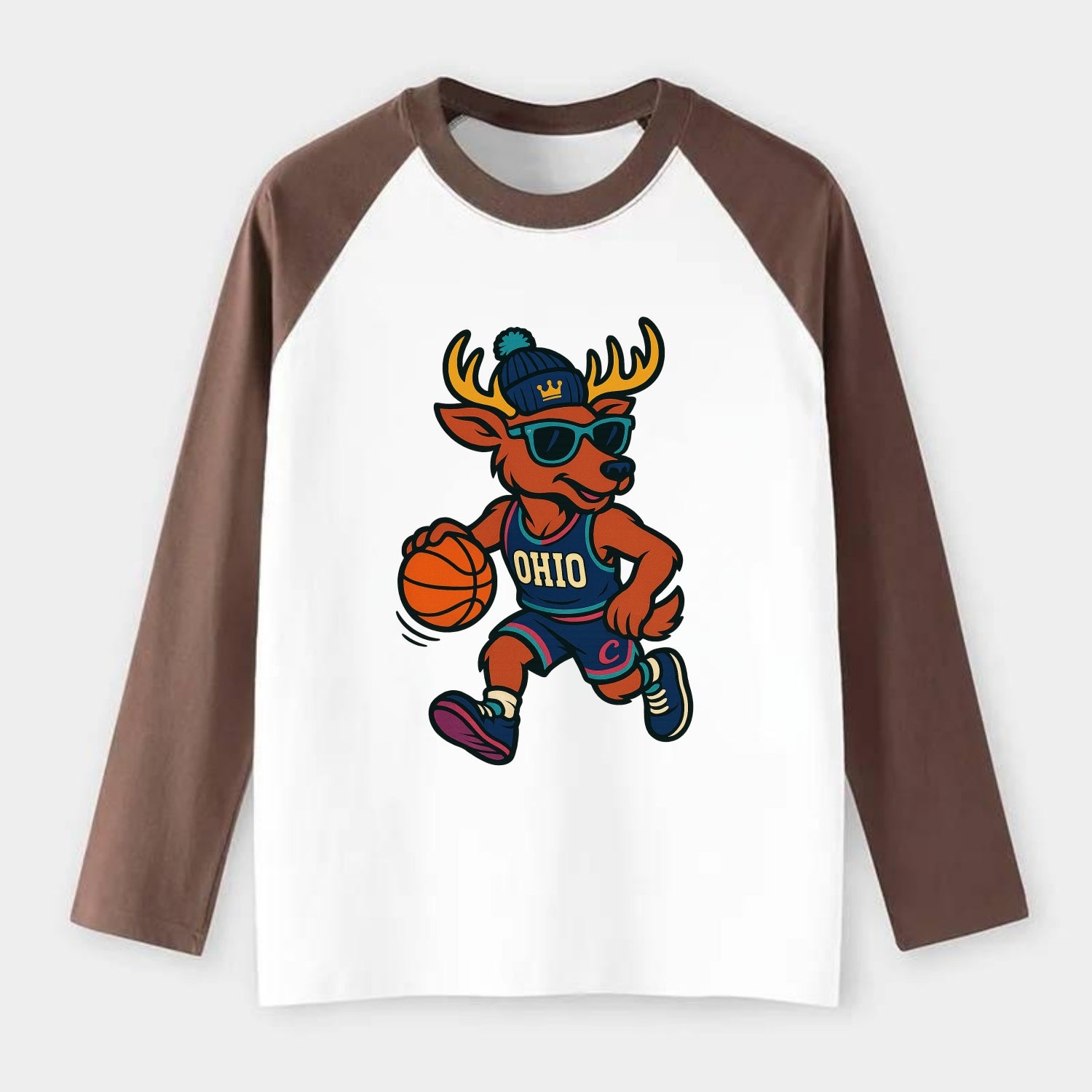 Ohio Deer wearing Cavs beanie with crown patch and wayfarer sunglasses - Raglan Long Sleeve T-Shirt - Coffee