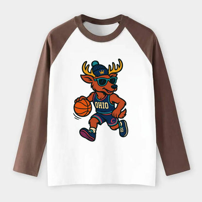 Ohio Deer wearing Cavs beanie with crown patch and wayfarer sunglasses - Raglan Long Sleeve T-Shirt - Coffee