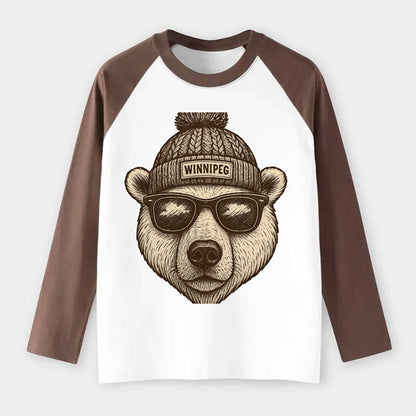 Winnipeg Polar Bear wearing Winnipeg beanie with pom pom and wayfarer - Raglan Long Sleeve T-Shirt - Coffee