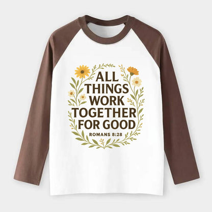 Romans 8:28 Flowers - Raglan Long Sleeve T-Shirt - Coffee