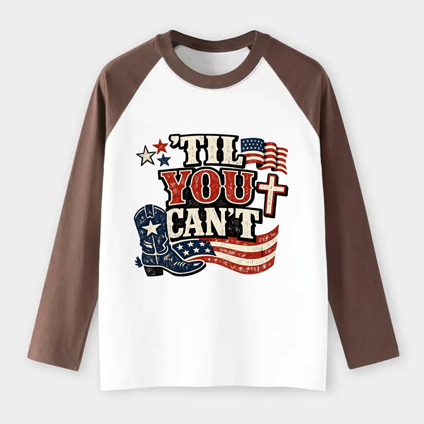 Til You Cant - Patriot Cross - Raglan Long Sleeve T-Shirt - Coffee
