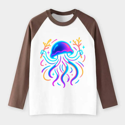 Jellyfish conducting a glow orchestra using coral batons in deep ocean - Raglan Long Sleeve T-Shirt - Coffee