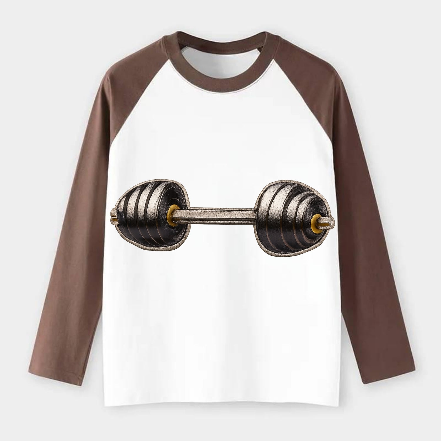 WEIGHTLIFTING BARBELL - heavy barbell with plates in silver and black - Raglan Long Sleeve T-Shirt - Coffee