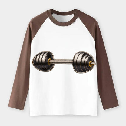 WEIGHTLIFTING BARBELL - heavy barbell with plates in silver and black - Raglan Long Sleeve T-Shirt - Coffee