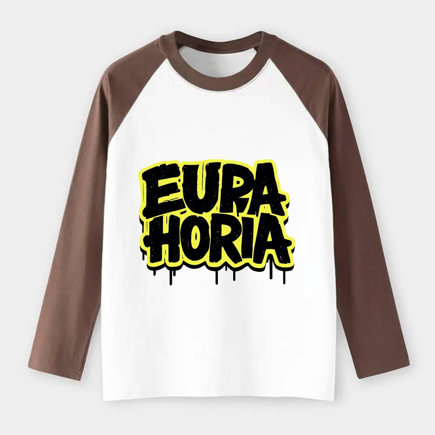 Bold typography design - "EUPHORIA" - intense happiness, ecstasy - Raglan Long Sleeve T-Shirt - Coffee