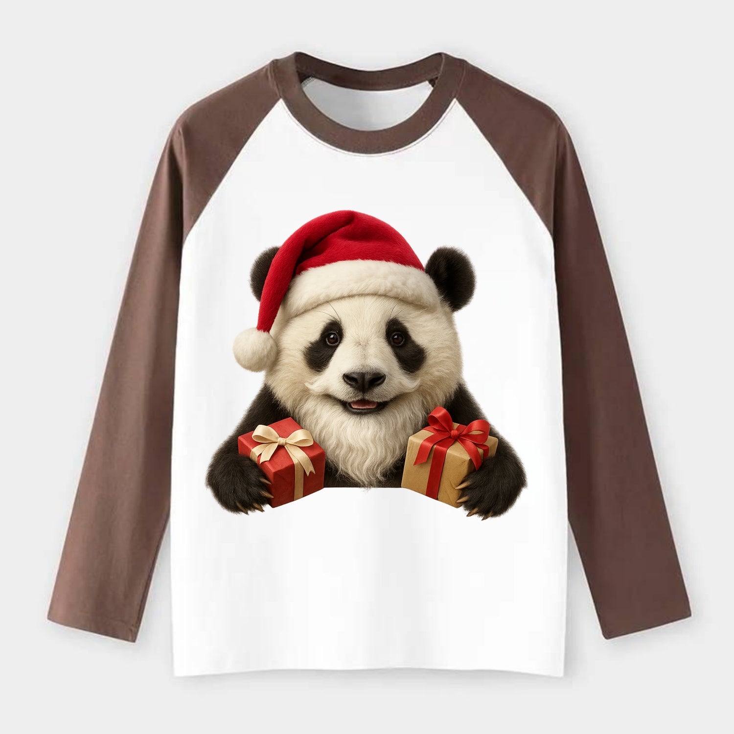 Santa Panda  - Raglan Long Sleeve T-Shirt - Coffee