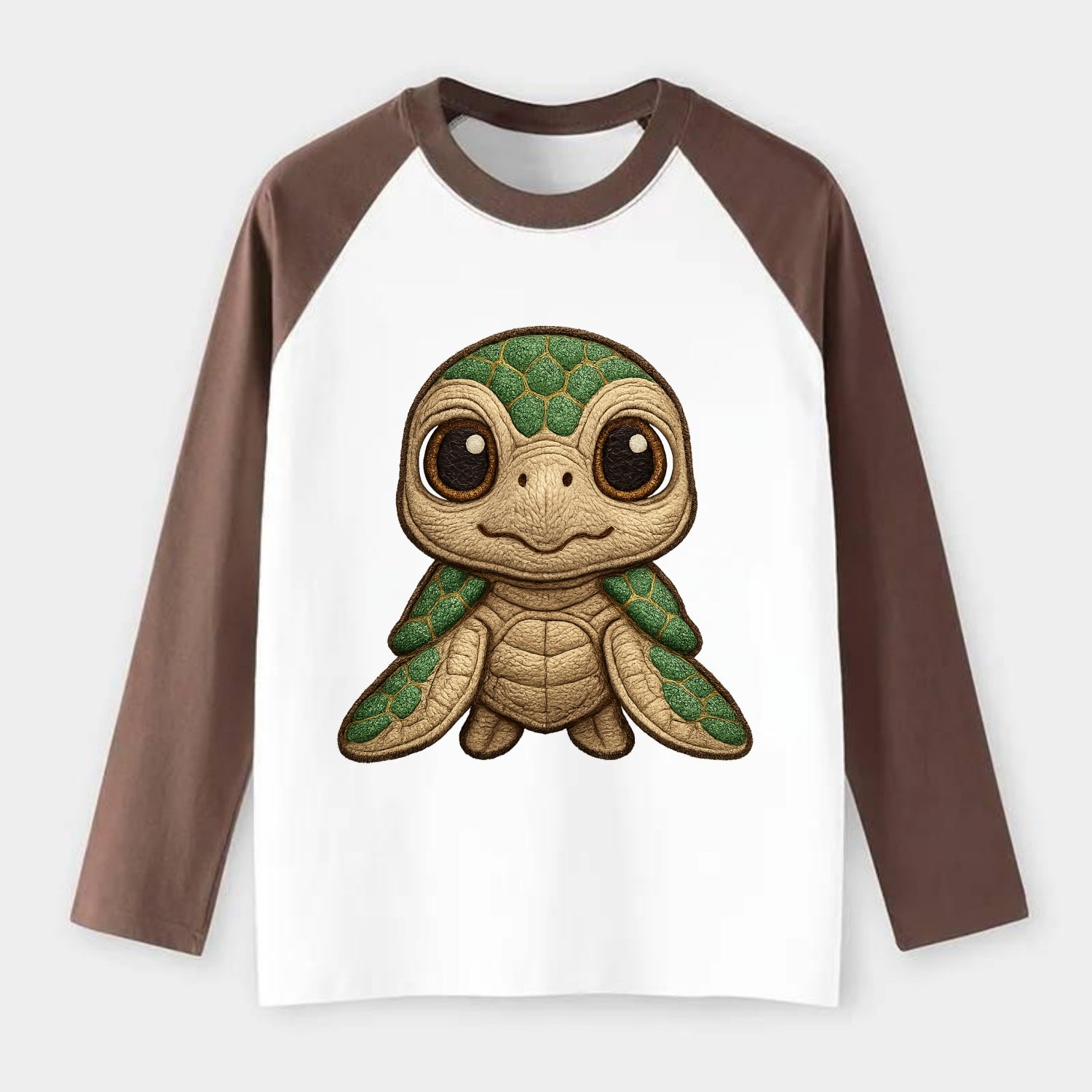 Baby Green Sea Turtle - emerald shell, large innocent brown eyes, tiny - Raglan Long Sleeve T-Shirt - Coffee