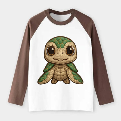Baby Green Sea Turtle - emerald shell, large innocent brown eyes, tiny - Raglan Long Sleeve T-Shirt - Coffee