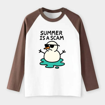 SUMMER IS A SCAM | Melting snowman in sunglasses - Raglan Long Sleeve T-Shirt - Coffee