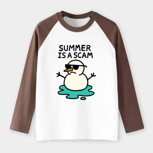 SUMMER IS A SCAM | Melting snowman in sunglasses - Raglan Long Sleeve T-Shirt - Coffee