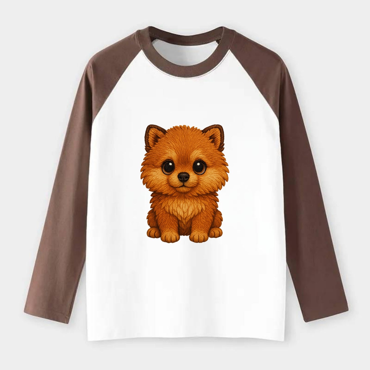 Baby Pomeranian Puppy - fluffy orange ball, fox face, tiny body, - Raglan Long Sleeve T-Shirt - Coffee