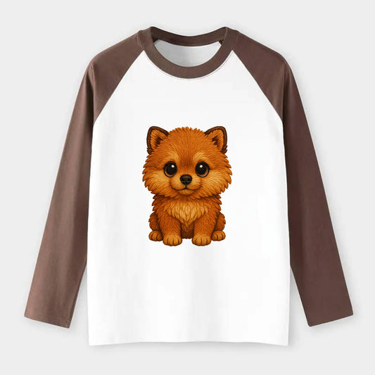 Baby Pomeranian Puppy - fluffy orange ball, fox face, tiny body, - Raglan Long Sleeve T-Shirt - Coffee