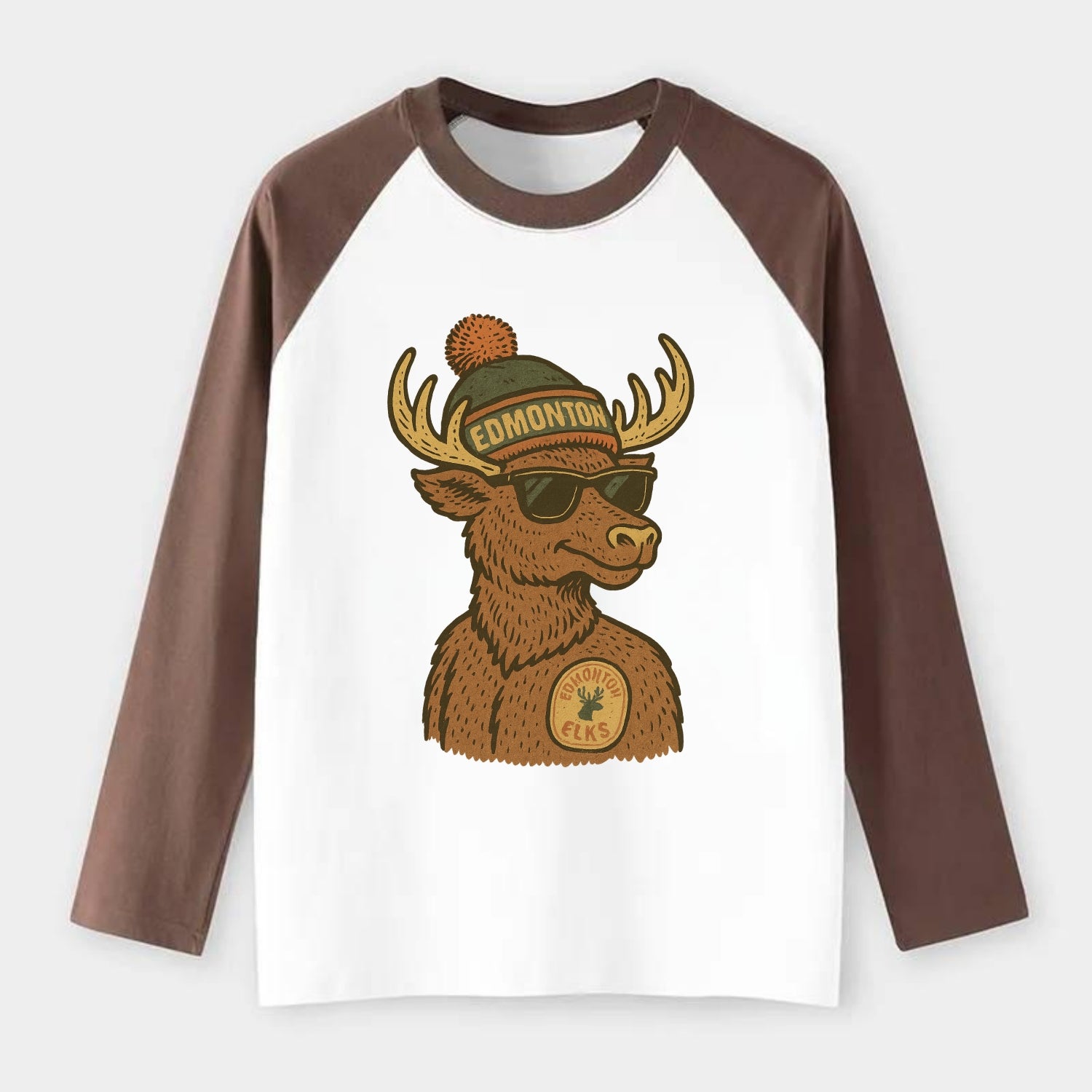 Edmonton Elk wearing Edmonton beanie with pom pom and wayfarer - Raglan Long Sleeve T-Shirt - Coffee