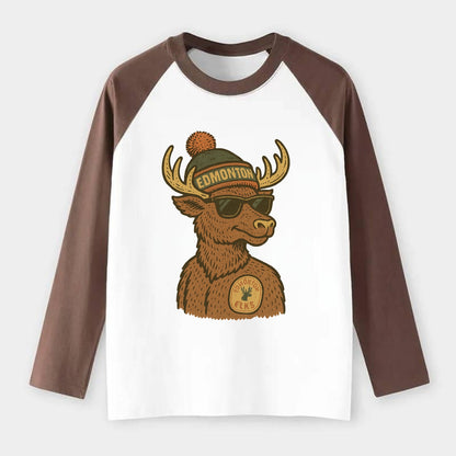 Edmonton Elk wearing Edmonton beanie with pom pom and wayfarer - Raglan Long Sleeve T-Shirt - Coffee