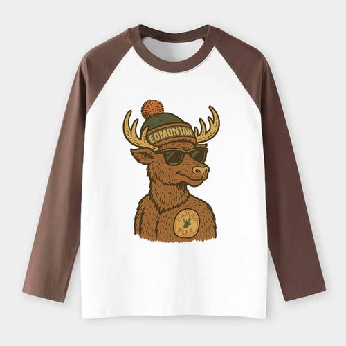 Edmonton Elk wearing Edmonton beanie with pom pom and wayfarer - Raglan Long Sleeve T-Shirt
