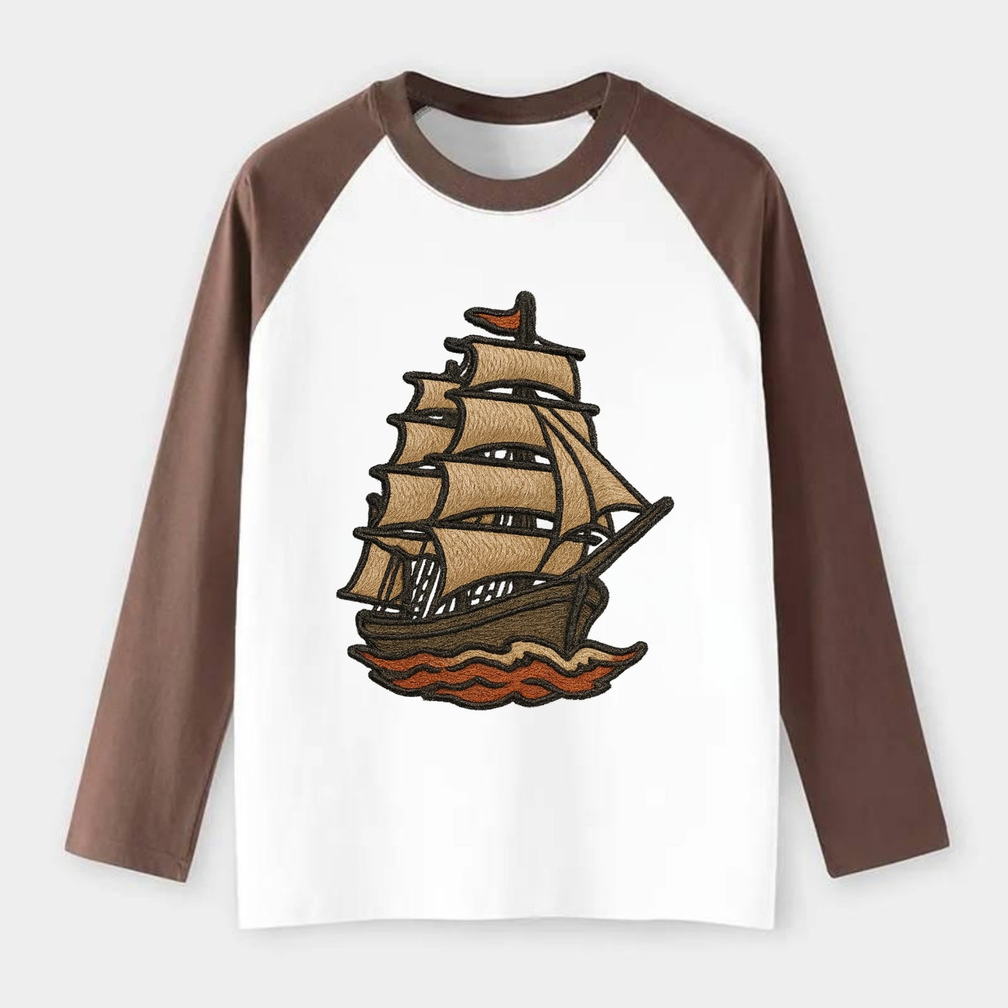 Sailing Ship  - Raglan Long Sleeve T-Shirt - Coffee