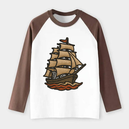 Sailing Ship  - Raglan Long Sleeve T-Shirt - Coffee