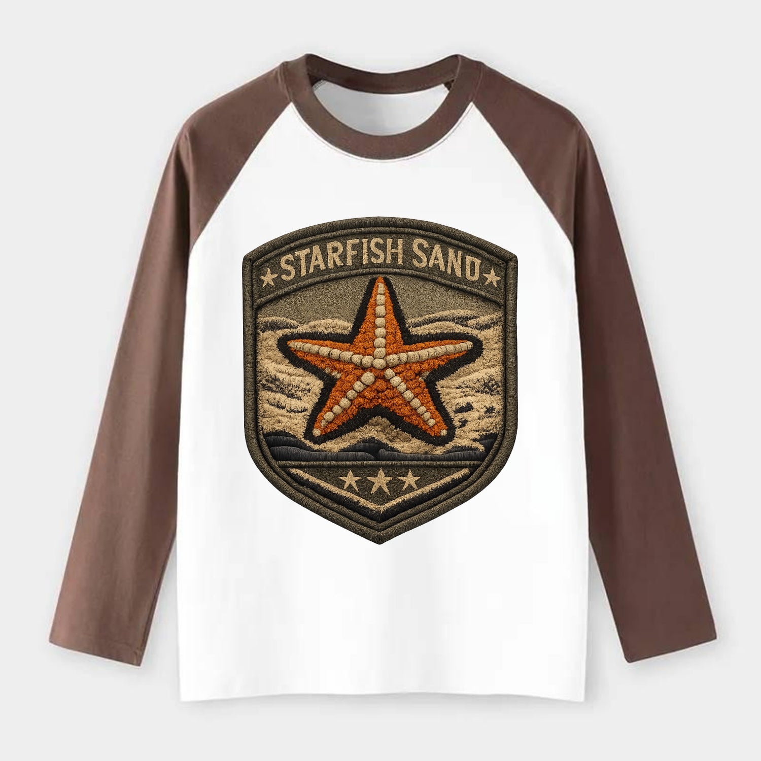 STARFISH SAND - sea star in orange and tan , beachcomber - Raglan Long Sleeve T-Shirt - Coffee