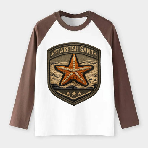 STARFISH SAND - sea star in orange and tan , beachcomber - Raglan Long Sleeve T-Shirt