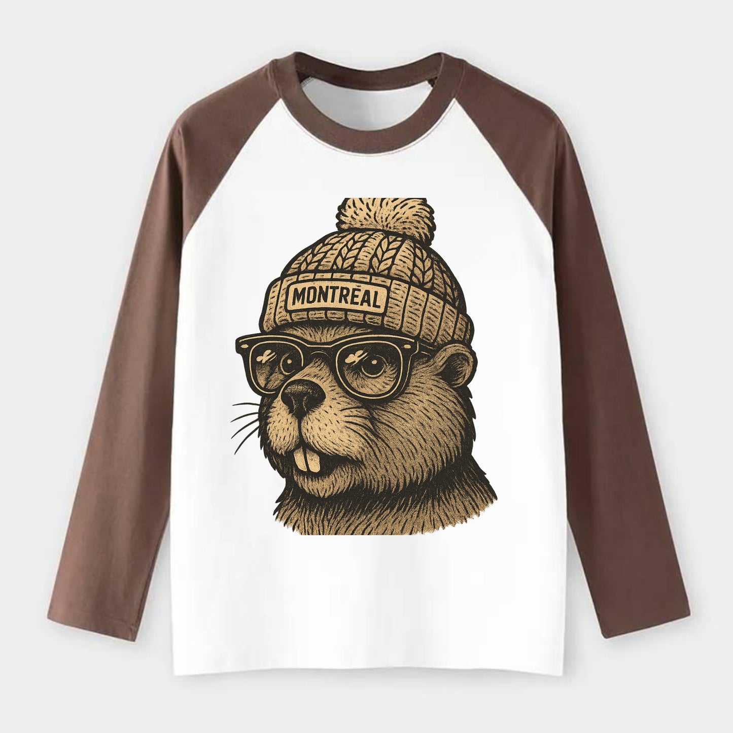 Montreal Beaver wearing Montreal beanie with pom pom and wayfarer - Raglan Long Sleeve T-Shirt - Coffee