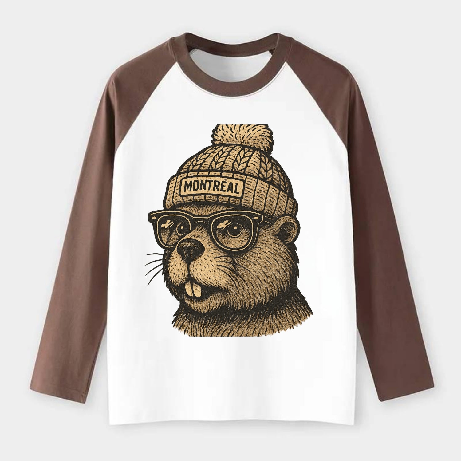 Montreal Beaver wearing Montreal beanie with pom pom and wayfarer - Raglan Long Sleeve T-Shirt - Coffee