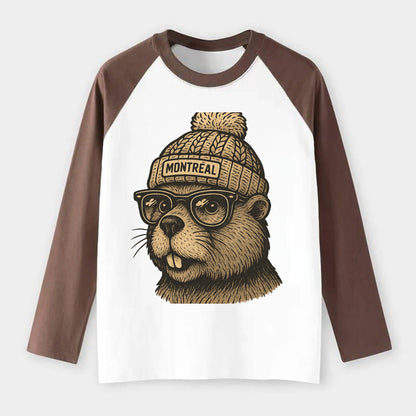 Montreal Beaver wearing Montreal beanie with pom pom and wayfarer - Raglan Long Sleeve T-Shirt - Coffee