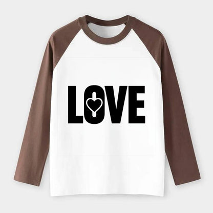 Bold typography design - "LOVE" - universal connection, heart centered - Raglan Long Sleeve T-Shirt - Coffee