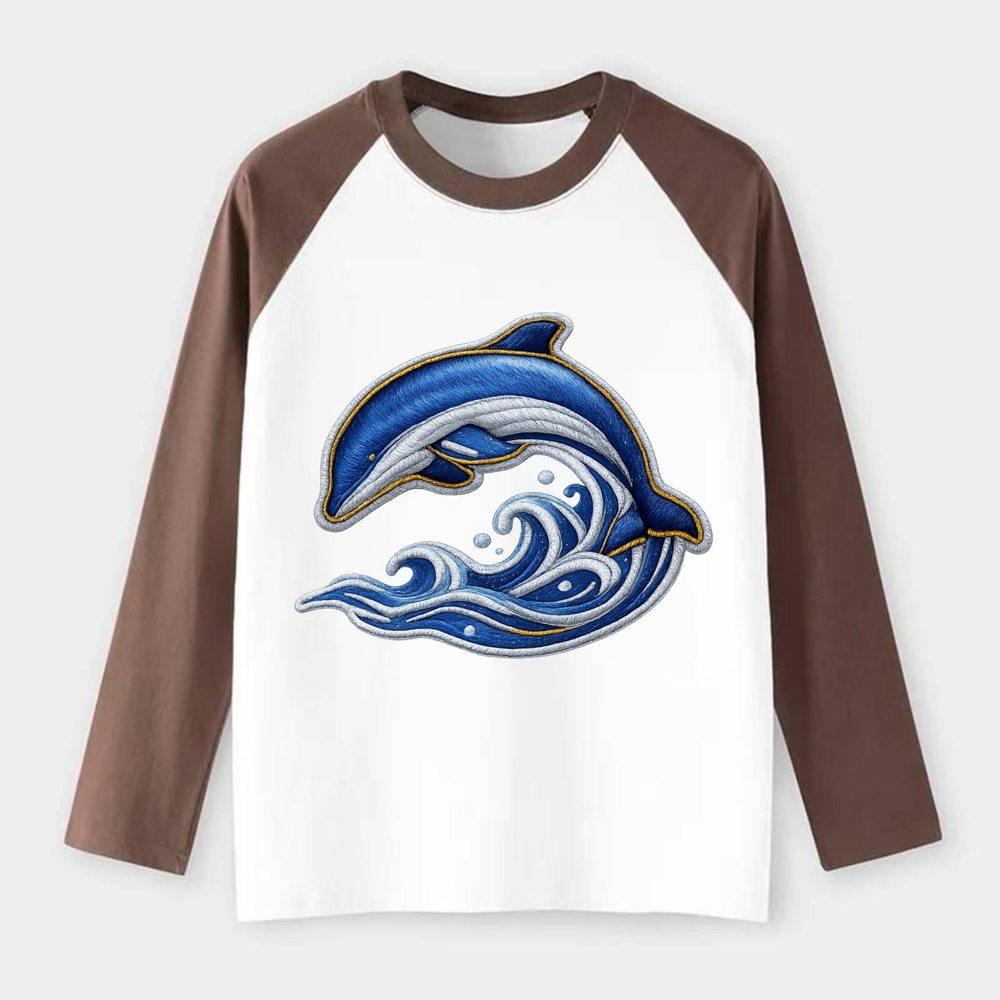Embroidered patch design - SWIMMING DOLPHIN - diving dolphin with - Raglan Long Sleeve T-Shirt - Coffee
