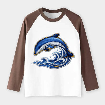 Embroidered patch design - SWIMMING DOLPHIN - diving dolphin with - Raglan Long Sleeve T-Shirt - Coffee