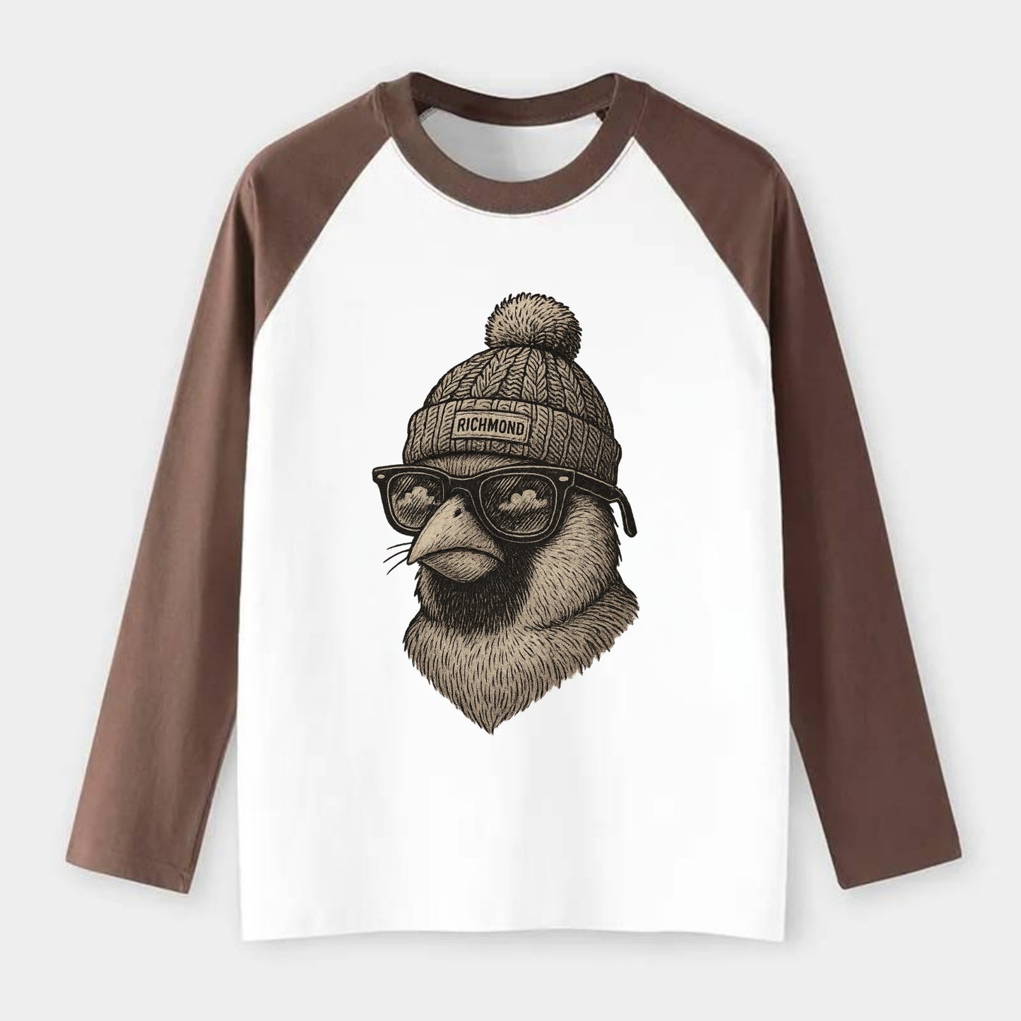 Virginia Cardinal wearing Richmond beanie with pom pom and wayfarer - Raglan Long Sleeve T-Shirt - Coffee