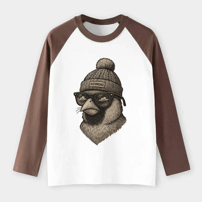 Virginia Cardinal wearing Richmond beanie with pom pom and wayfarer - Raglan Long Sleeve T-Shirt - Coffee