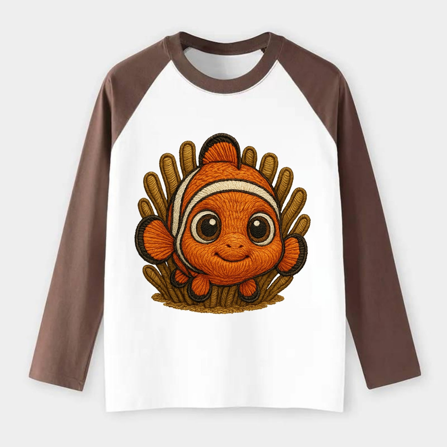 Baby Clownfish - orange with white stripes, big round eyes, - Raglan Long Sleeve T-Shirt - Coffee