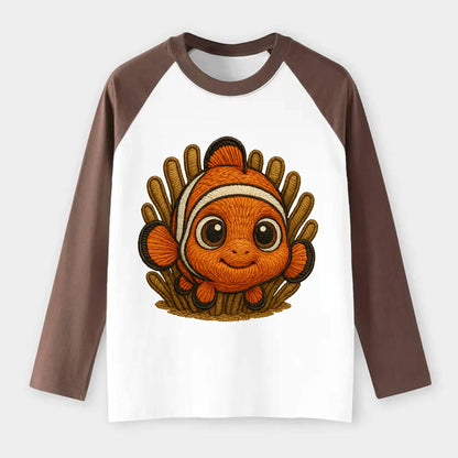 Baby Clownfish - orange with white stripes, big round eyes, - Raglan Long Sleeve T-Shirt - Coffee