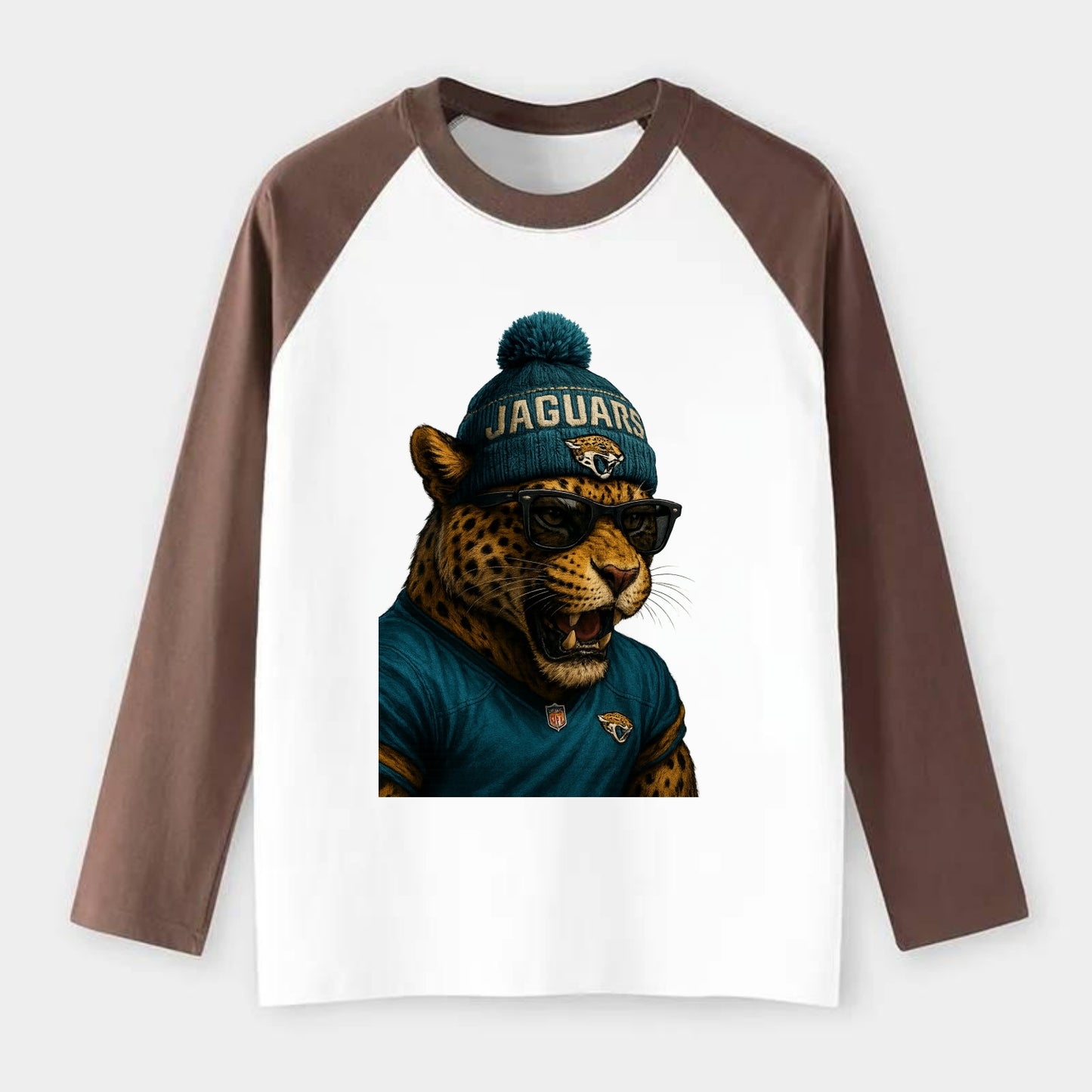 Jacksonville Jaguar wearing Jaguars teal and gold beanie with pom pom - Raglan Long Sleeve T-Shirt - Coffee