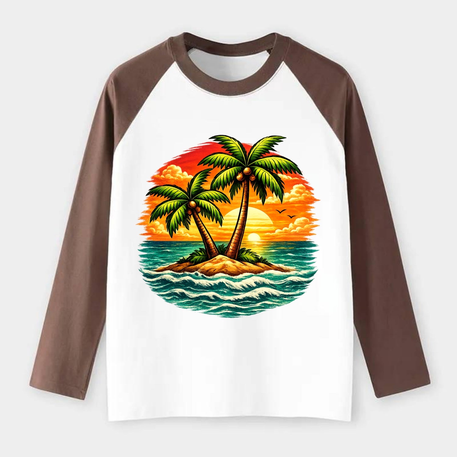 Tropical Island - Raglan Long Sleeve T-Shirt - Coffee