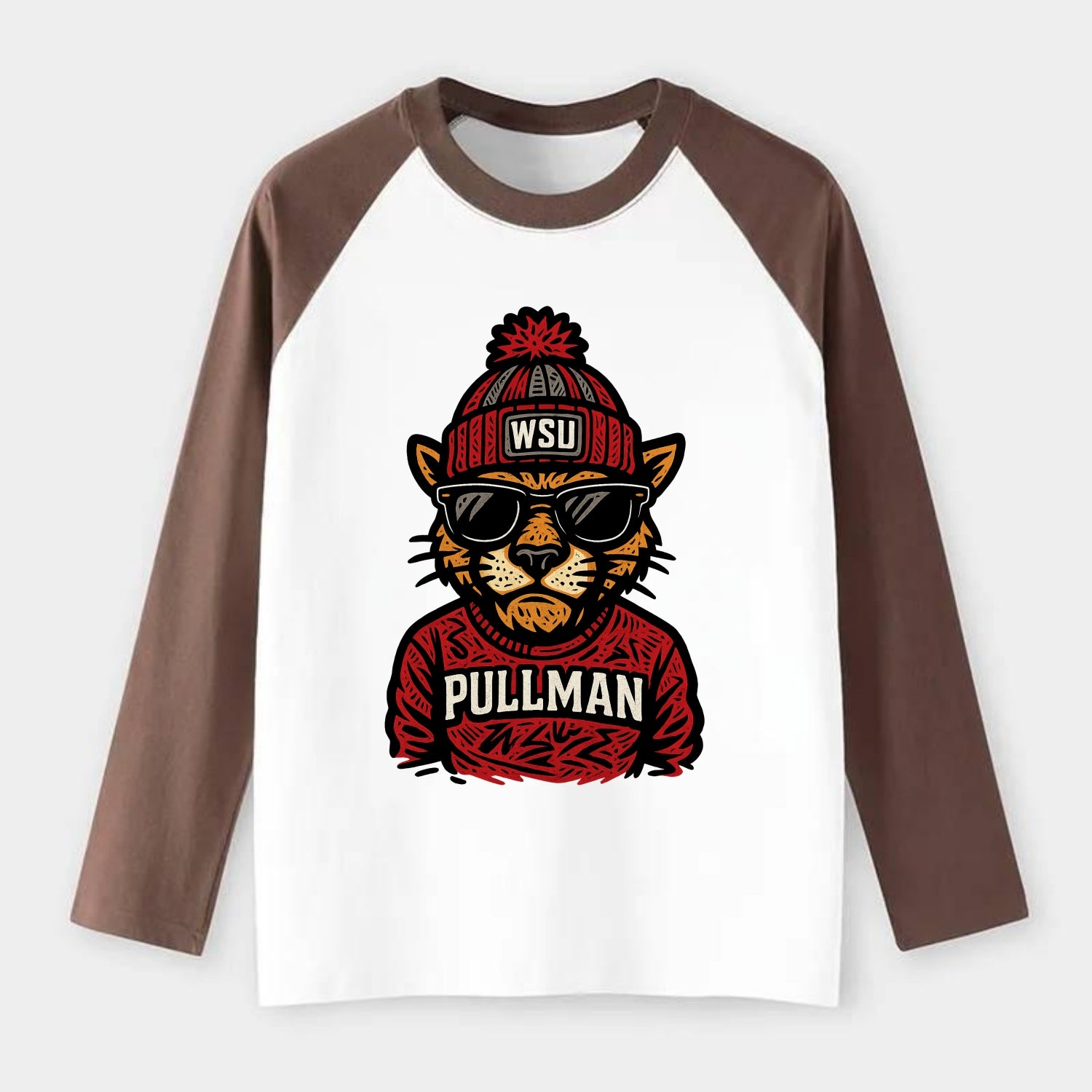 Pullman Cougar wearing Washington State beanie with WSU patch - Raglan Long Sleeve T-Shirt - Coffee