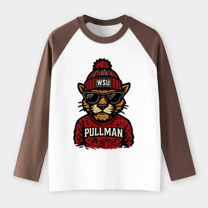 Pullman Cougar wearing Washington State beanie with WSU patch - Raglan Long Sleeve T-Shirt - Coffee