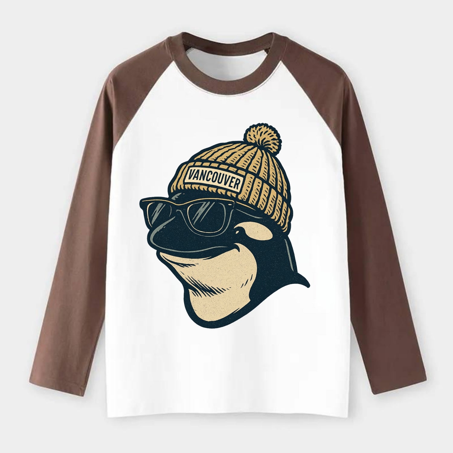 Vancouver Orca wearing Vancouver beanie - Raglan Long Sleeve T-Shirt - Coffee