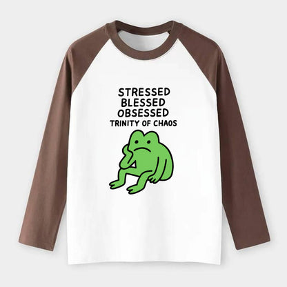 STRESSED BLESSED OBSESSED | Trinity of chaos - Raglan Long Sleeve T-Shirt - Coffee