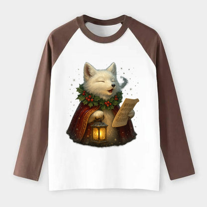 Snowbound Arctic Fox Caroler  - Raglan Long Sleeve T-Shirt - Coffee