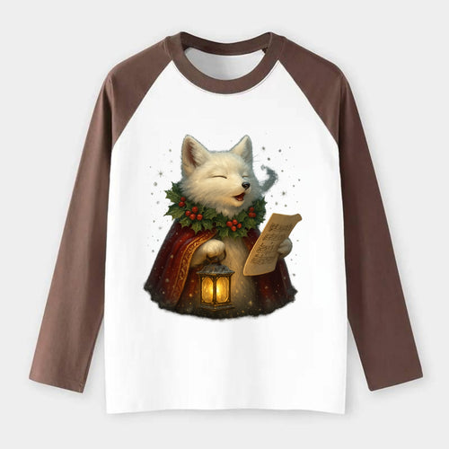 Snowbound Arctic Fox Caroler  - Raglan Long Sleeve T-Shirt