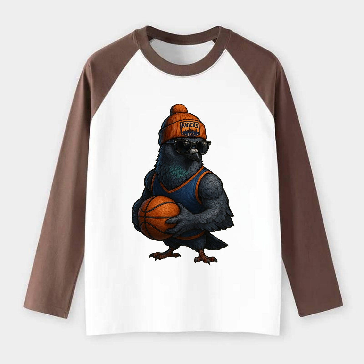 Manhattan Pigeon wearing Knicks beanie with skyline patch and wayfarer - Raglan Long Sleeve T-Shirt - Coffee