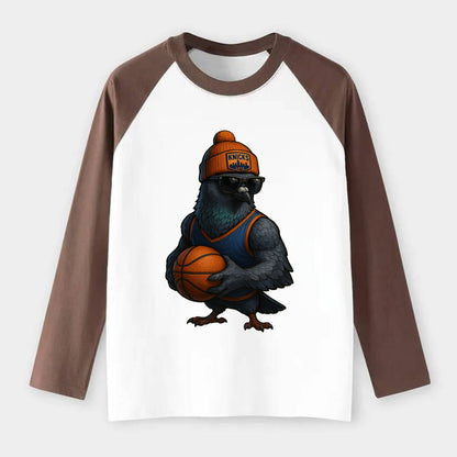 Manhattan Pigeon wearing Knicks beanie with skyline patch and wayfarer - Raglan Long Sleeve T-Shirt - Coffee